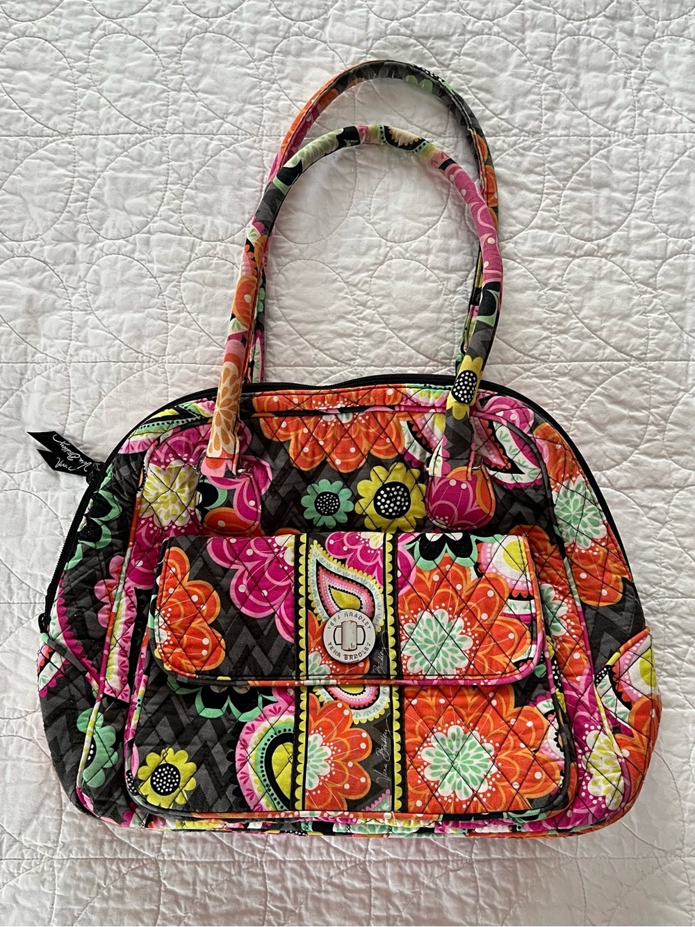 Vera Bradley Ziggy Zinnia Quilted Floral Satchel — Charcoal, Pink & Orange Happy
